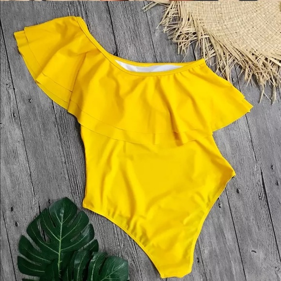 1 Left! Yellow One Shoulder Ruffle Swimsuit - Picture 4 of 5
